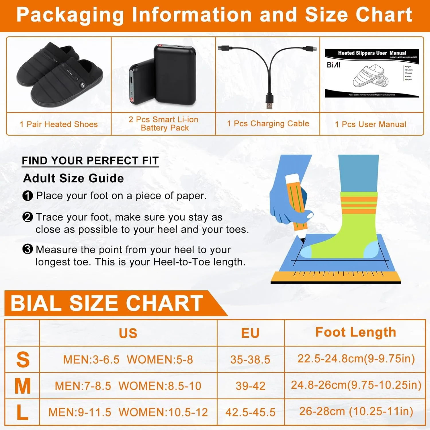 BIAL Heated Slippers, Unisex Electric Heating Pad for Feet, Rechargeable Battery Shoes Cordless Heat Foot Warmer Winter Slippers for Men Women, Light Black