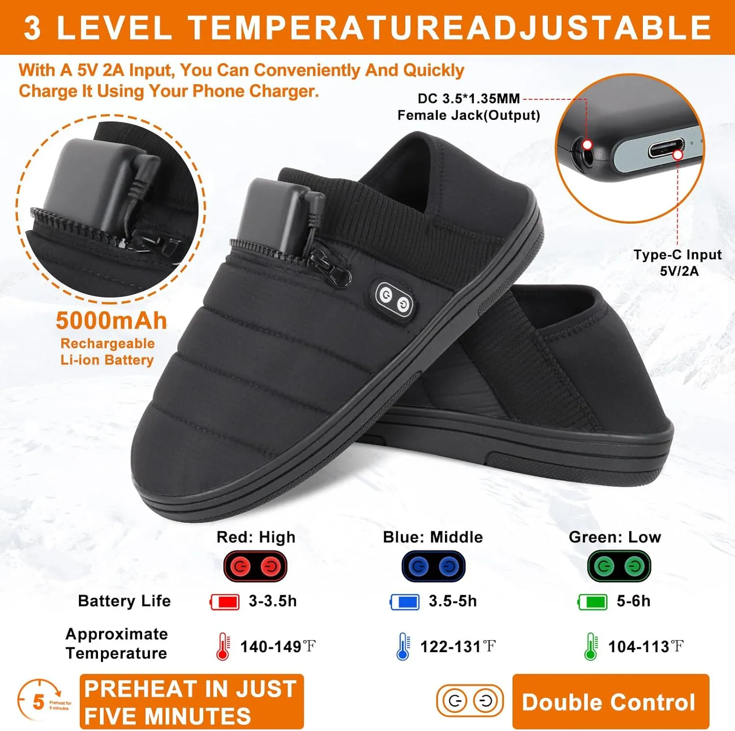 BIAL Heated Slippers, Unisex Electric Heating Pad for Feet, Rechargeable Battery Shoes Cordless Heat Foot Warmer Winter Slippers for Men Women, Light Black