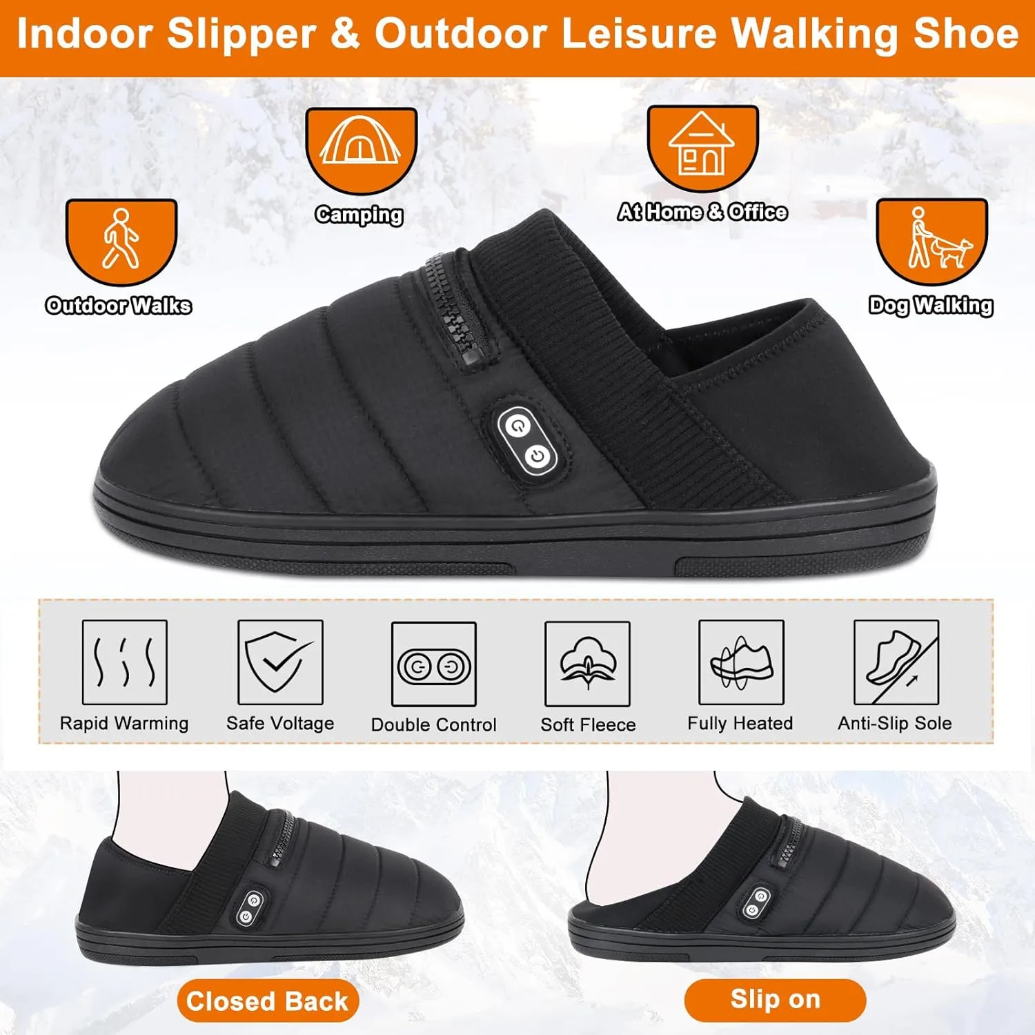 BIAL Heated Slippers, Unisex Electric Heating Pad for Feet, Rechargeable Battery Shoes Cordless Heat Foot Warmer Winter Slippers for Men Women, Light Black