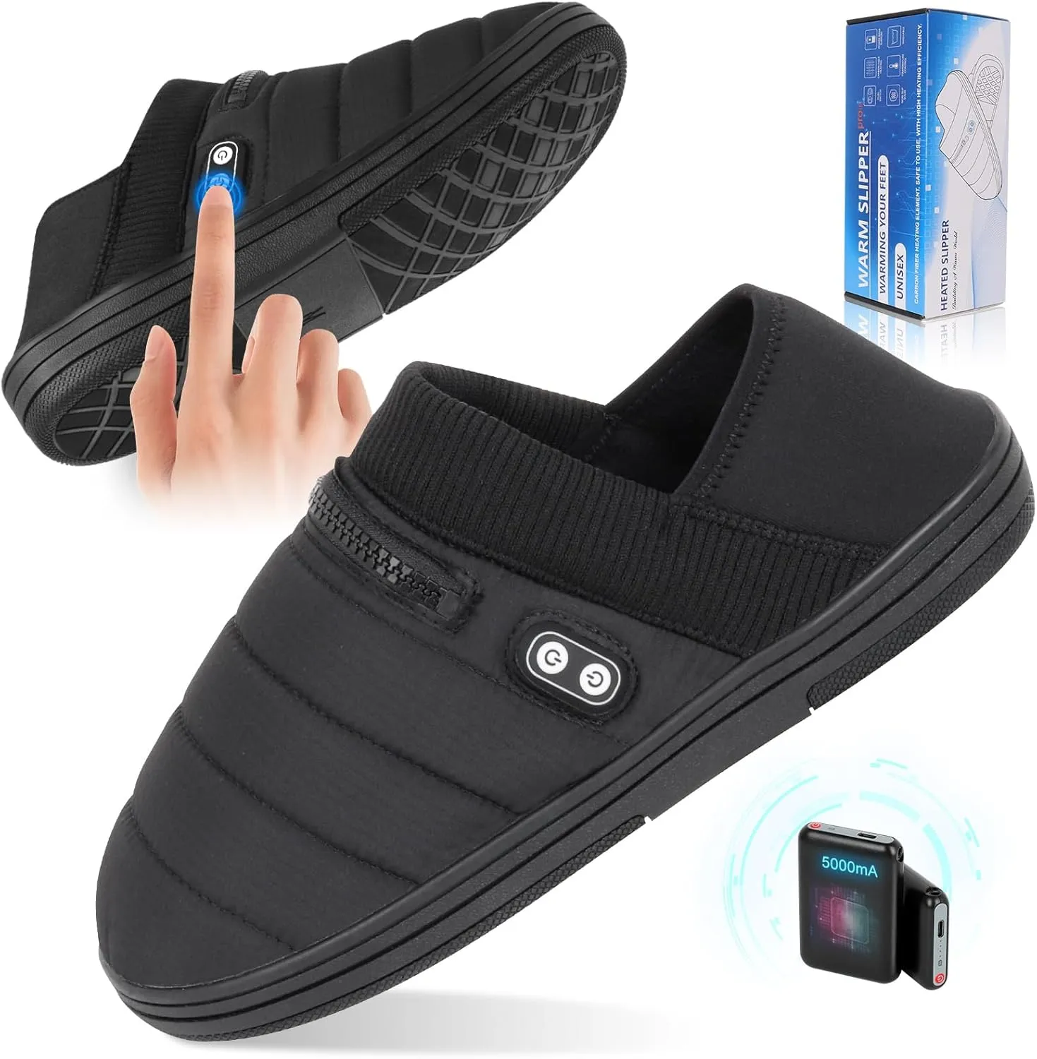 BIAL Heated Slippers, Unisex Electric Heating Pad for Feet, Rechargeable Battery Shoes Cordless Heat Foot Warmer Winter Slippers for Men Women, Light Black