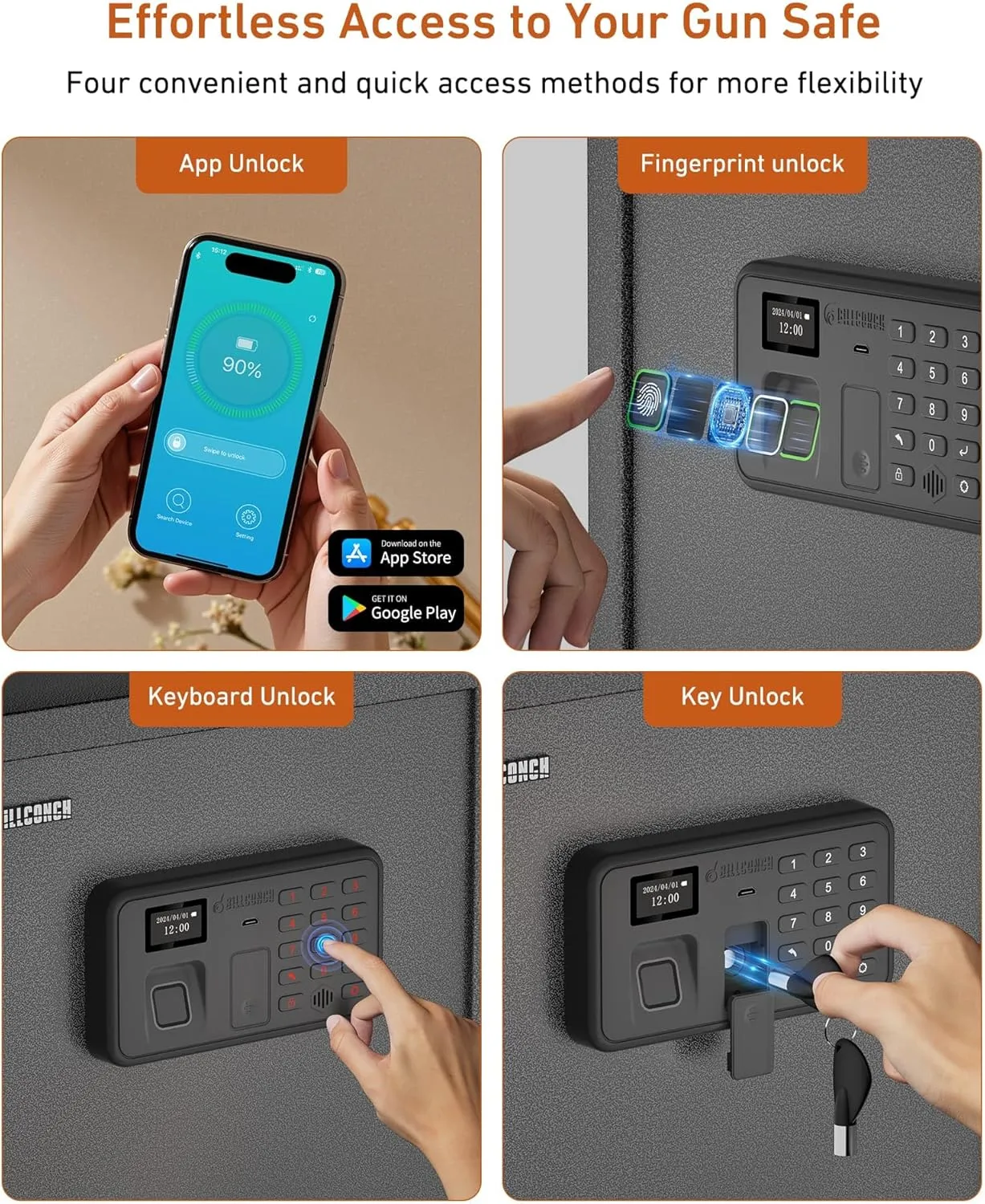 Billconch Smart Gun Safe for Multiple Pistols - Biometric Automatic Lock Safe Box with LCD Display/Voice Guide/Foldable Gun Racks, Quick Access Unlock with Fingerprint/Keypad/Key/App