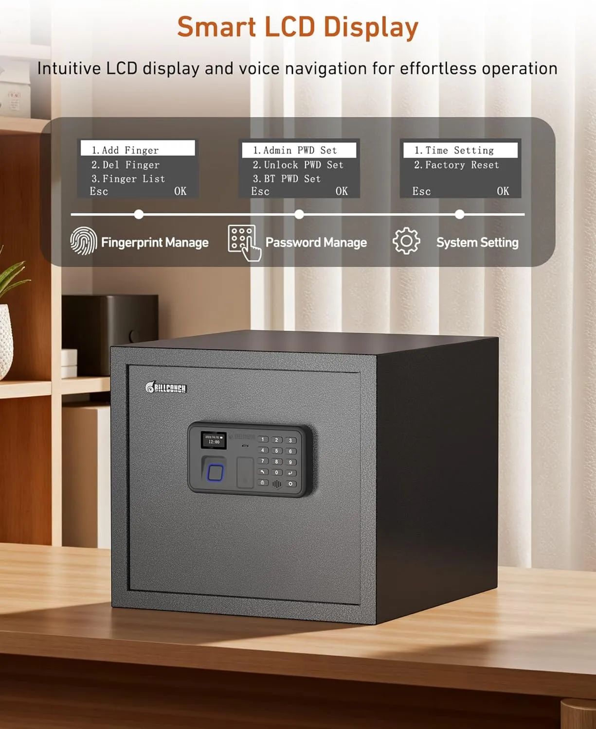 Billconch Smart Gun Safe for Multiple Pistols - Biometric Automatic Lock Safe Box with LCD Display/Voice Guide/Foldable Gun Racks, Quick Access Unlock with Fingerprint/Keypad/Key/App
