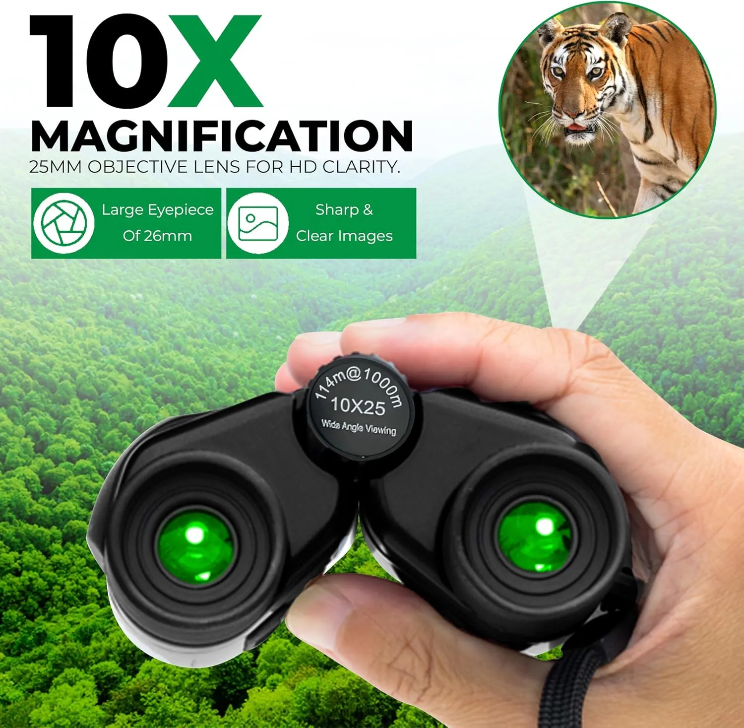 Binoculars 10x25 for Bird Watching for Adults and Kids, Large View, Compact Binoculars with Low Light Vision, Easy Focus, Outdoor Travel Sightseeing, Concert, Hunting, Hiking.