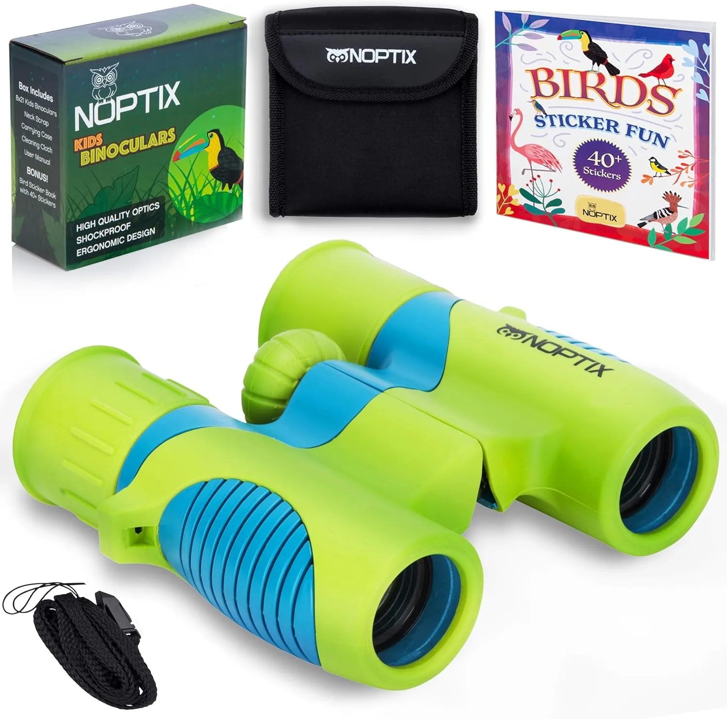 Binoculars for Kids, Girls or Boys Real Kids Binoculars in Vibrant Green Blue - Includes Sticker Book with 40 Bird Species - Kids Toys Small Binoculars, Toddler Binoculars