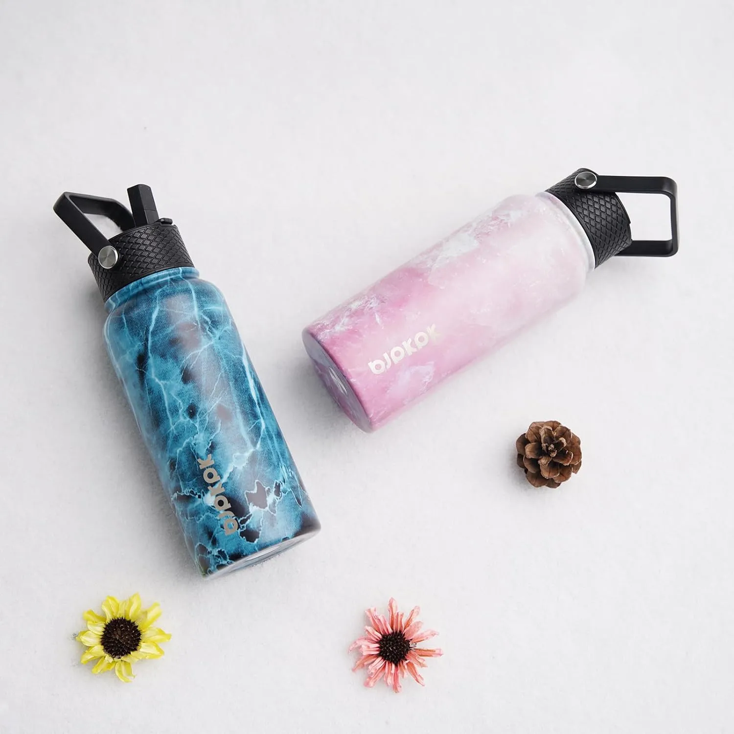 BJPKPK 2 Pack Insulated Water Bottles with Straw Lids, 32oz Stainless Steel Metal Water Bottle with 6 Lids, Leak Proof BPA Free Thermos, Cups, Flasks for Travel, Sports (Cherry Ocean Dream)