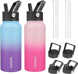 BJPKPK 2 Pack Insulated Water Bottles with Straw Lids, 32oz Stainless Steel Metal Water Bottle with 6 Lids, Leak Proof BPA Free Thermos, Cups, Flasks for Travel, Sports (Cherry Ocean Dream)