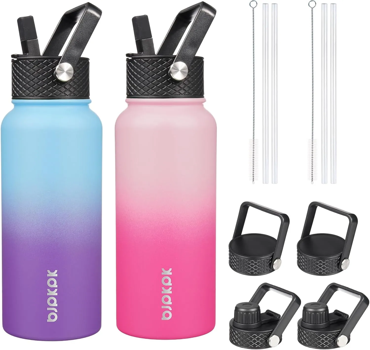 BJPKPK 2 Pack Insulated Water Bottles with Straw Lids, 32oz Stainless Steel Metal Water Bottle with 6 Lids, Leak Proof BPA Free Thermos, Cups, Flasks for Travel, Sports (Cherry Ocean Dream)
