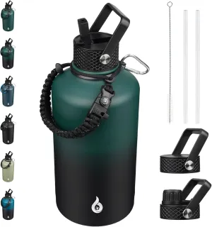 BJPKPK 2/3 Gallon Water Bottle with Straw Lid, 50oz, 64oz, 87oz, 128oz Large, Stainless Steel Water Bottles with 3 Lids and Paracord Handle, Double Wall Vacuum Metal Jug, Army Green & Black