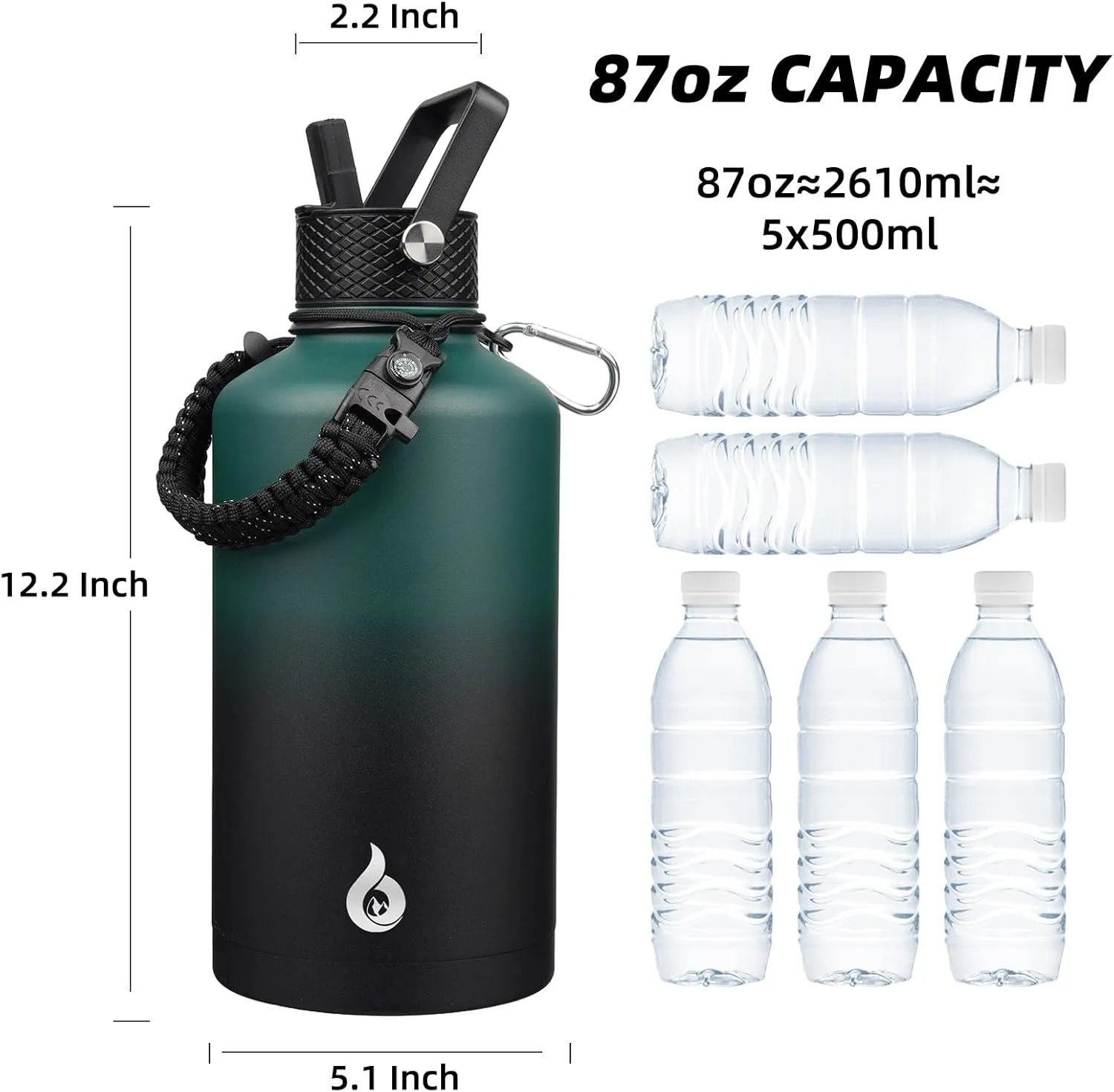 BJPKPK 2/3 Gallon Water Bottle with Straw Lid, 50oz, 64oz, 87oz, 128oz Large, Stainless Steel Water Bottles with 3 Lids and Paracord Handle, Double Wall Vacuum Metal Jug, Army Green & Black