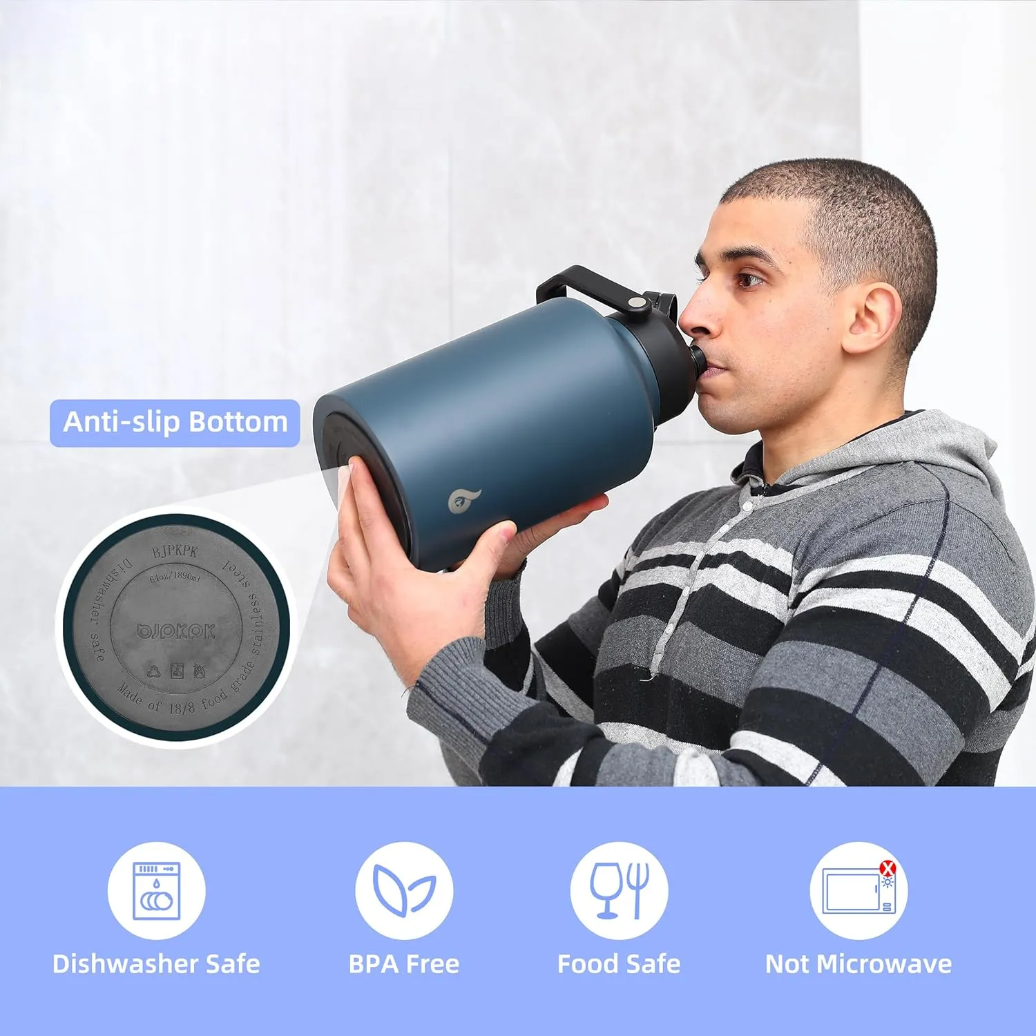 BJPKPK 64 oz Insulated Water Bottle, Dishwasher Safe Half Gallon Water Bottle with Ergonomic Handle, BPA Free Leak Proof Water Jug for Sports, Metal Thermos with Anti-slip Bottom, Grey