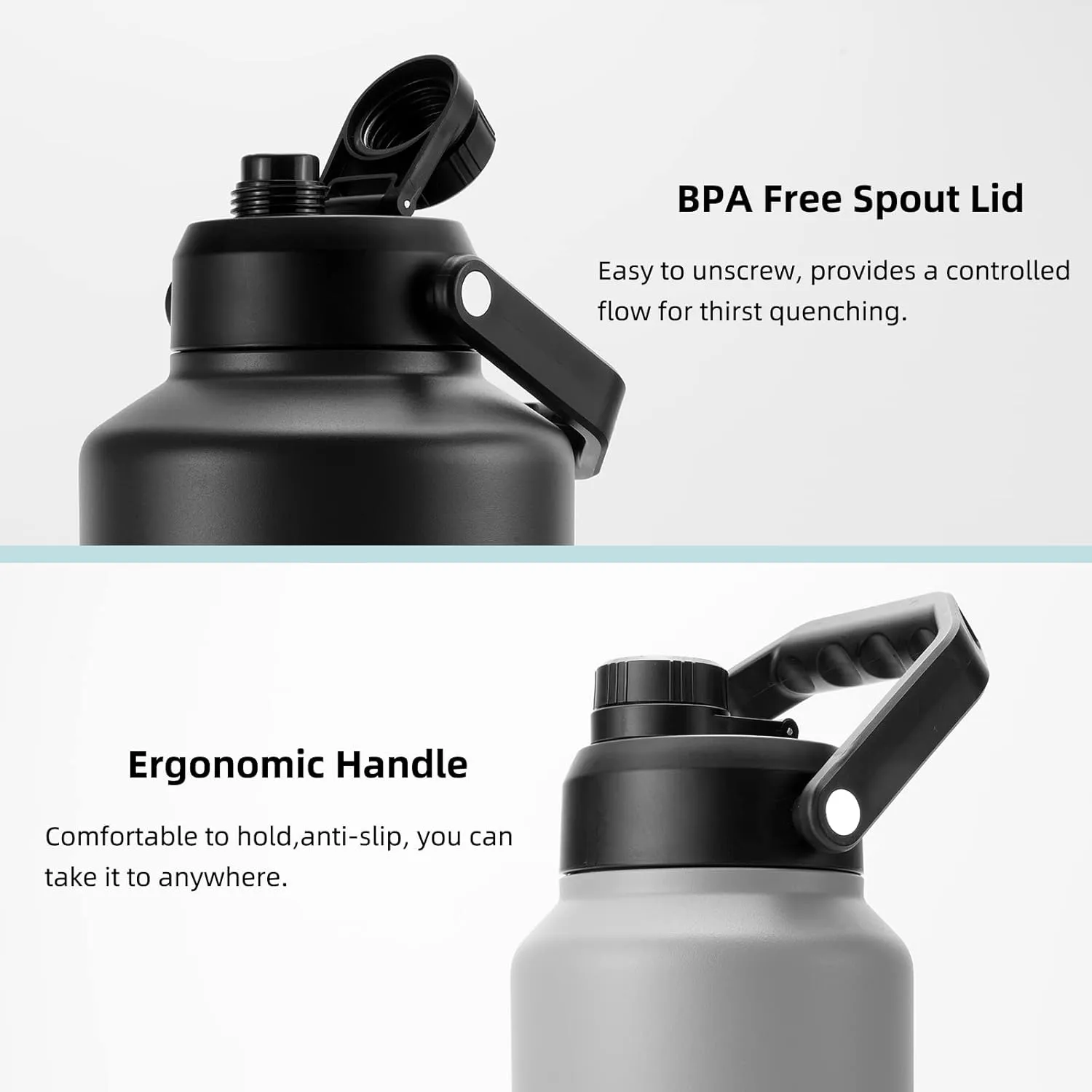 BJPKPK 64 oz Insulated Water Bottle, Dishwasher Safe Half Gallon Water Bottle with Ergonomic Handle, BPA Free Leak Proof Water Jug for Sports, Metal Thermos with Anti-slip Bottom, Grey