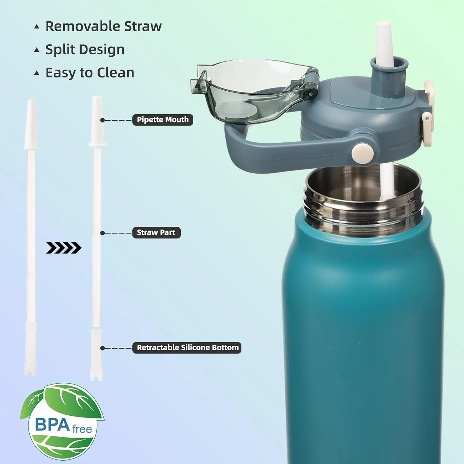 BJPKPK Insulated Water Bottles with Straw, 35 oz Stainless Steel Metal Water Bottle with One-handed Opening Lid, BPA Free Sport Jugs, Thermos, Flasks for Men & Women, Light Blue