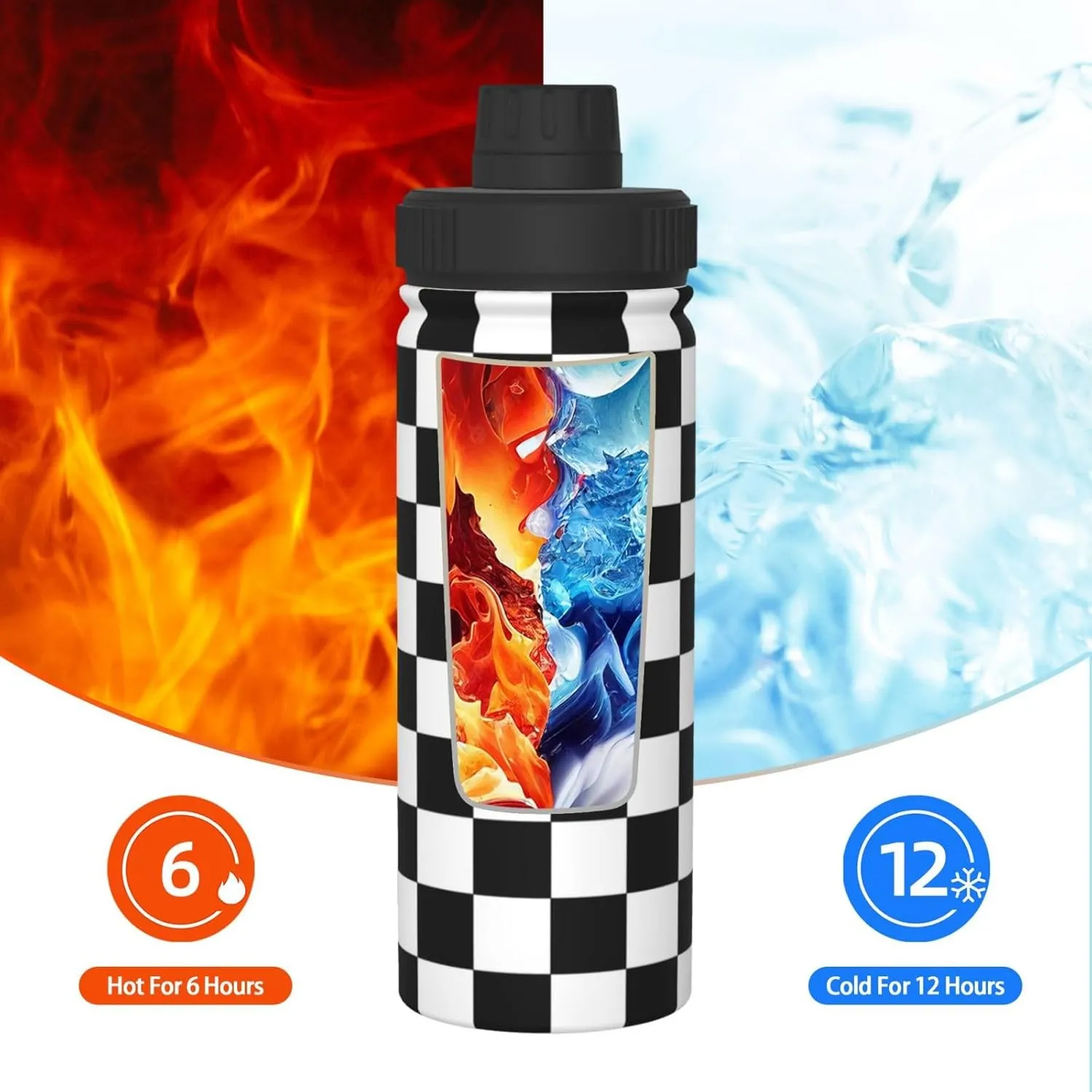 Black and White Racing 18 OZ Insulated Stainless Steel Bottles, Sports Water Tumbler with Lid Unisex Insulated Water Cup for Outdoor Sports Hiking Cycling﻿