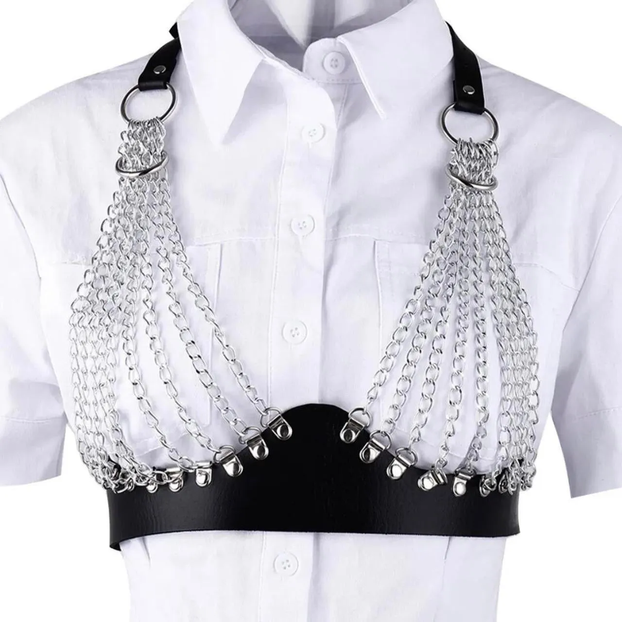 Black Faux Leather Studded Chain Front Body Harness