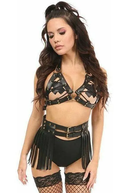 Black/Gold  Faux Leather Lace-Up Bra Top