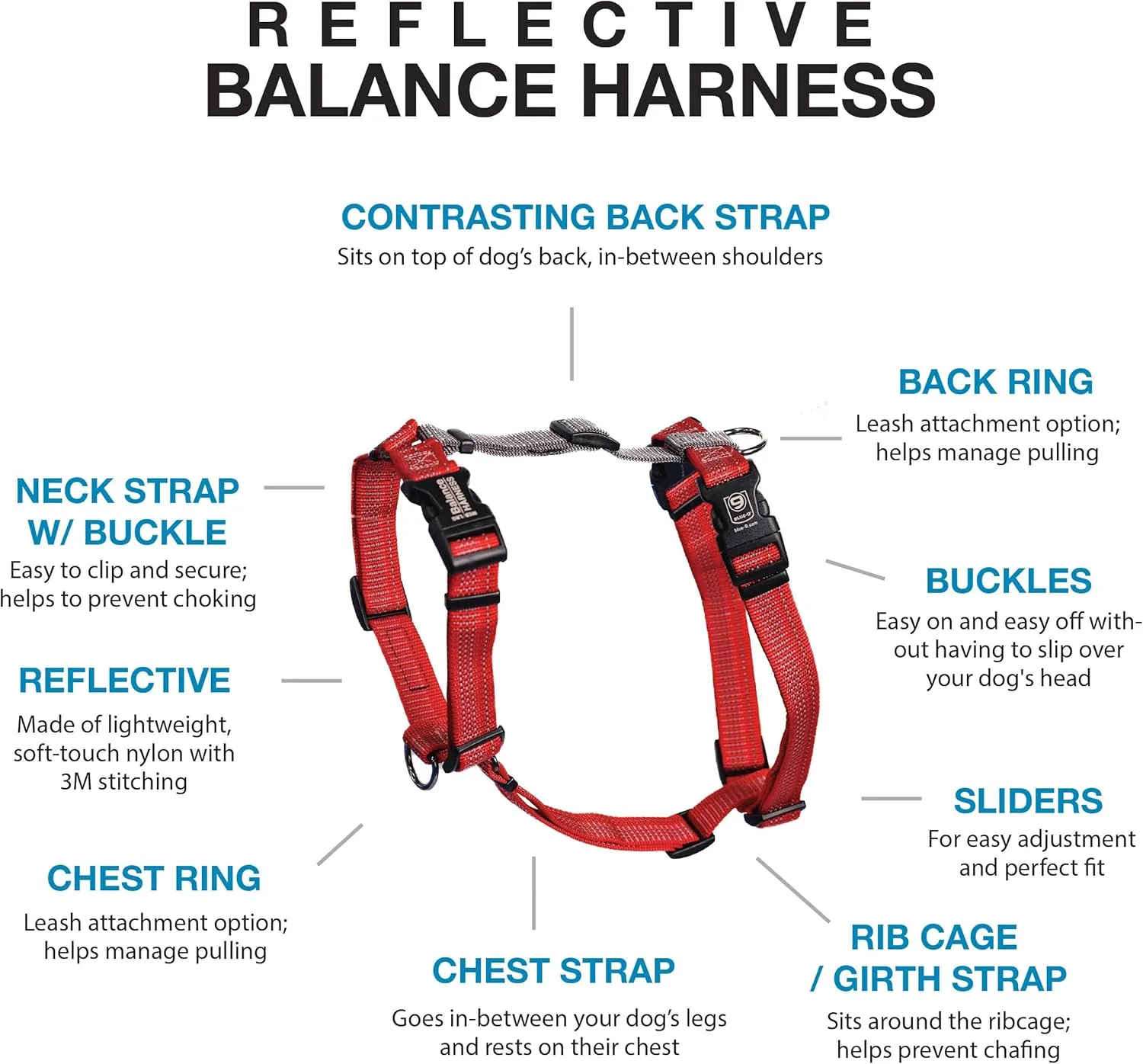 Blue-9 Reflective Buckle-Neck Balance Harness, Fully Customizable Fit No-Pull Harness with 3M Reflective Stitching, Ideal for Dog Training and Obedience, Made in The USA, Red, XS