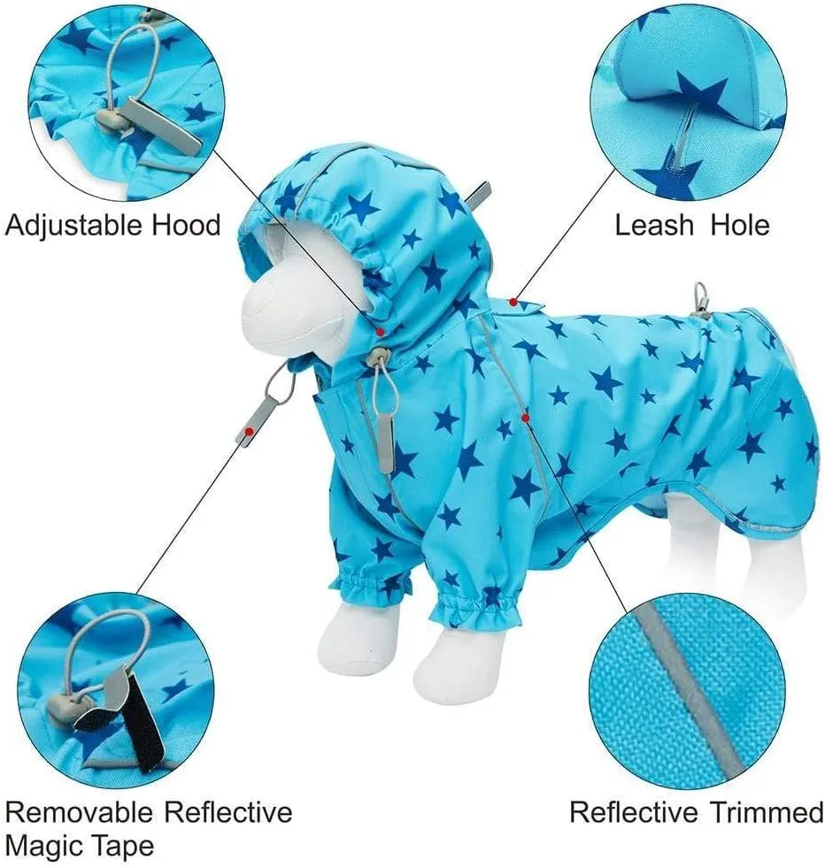 Blueberry Pet 20" Star Prints Lightweight Reflective Waterproof Dog Raincoat with Hood & Harness Hole, Blue, Outdoor Rain Gear Jacket 2 Legs for Large Dogs