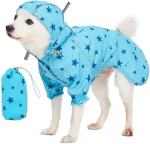 Blueberry Pet 20" Star Prints Lightweight Reflective Waterproof Dog Raincoat with Hood & Harness Hole, Blue, Outdoor Rain Gear Jacket 2 Legs for Large Dogs