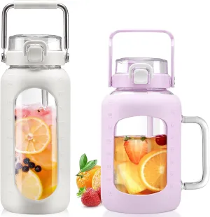 BLUEGO 64oz and 64oz Glass Water Bottles Bundle(64 White   64 Purple) with Straw and Lids Handle Large Water Bottle with Sleeve, Half Gallon Water Jug, Glass Water Container, BPA Free