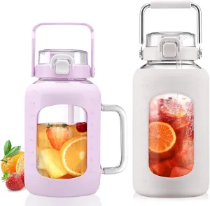 BLUEGO 64oz and 84oz Glass Water Bottles Bundle(64 Purple   84 White) with Straw and Lids Handle Large Water Tumbler with Sleeve, Glass Water Container, 2 Liter Water Jug Glass, BPA Free