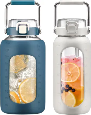 BLUEGO 84oz and 64oz Glass Water Bottles Bundle(84 Dark Blue   64 White) with Straw and Stainless Steel Handle, Large Water Bottle with Sleeve, Half Gallon Water Jug, Glass Water Container, BPA Free