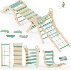 BlueWood 10-in-1 Pikler Triangle Set, Toddler Climbing Toys Indoor, Montessori Climber, Baby Jungle Gyms with Arch, Extra Rope Ladder & Footprint Balance Beam - Emerald Forest