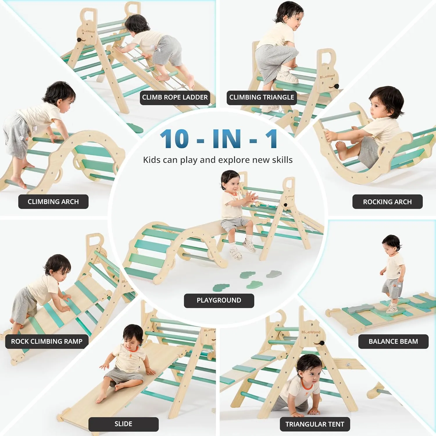 BlueWood 10-in-1 Pikler Triangle Set, Toddler Climbing Toys Indoor, Montessori Climber, Baby Jungle Gyms with Arch, Extra Rope Ladder & Footprint Balance Beam - Emerald Forest