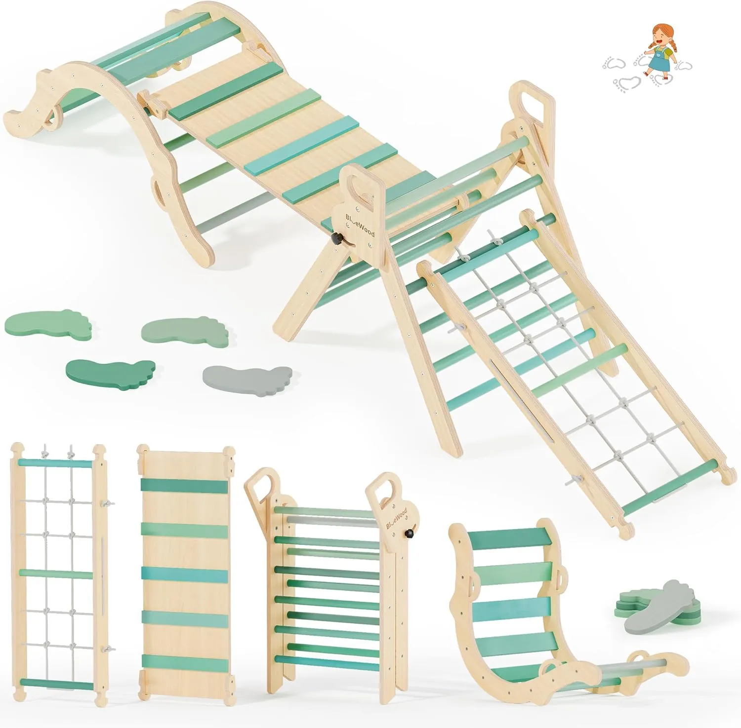 BlueWood 10-in-1 Pikler Triangle Set, Toddler Climbing Toys Indoor, Montessori Climber, Baby Jungle Gyms with Arch, Extra Rope Ladder & Footprint Balance Beam - Emerald Forest