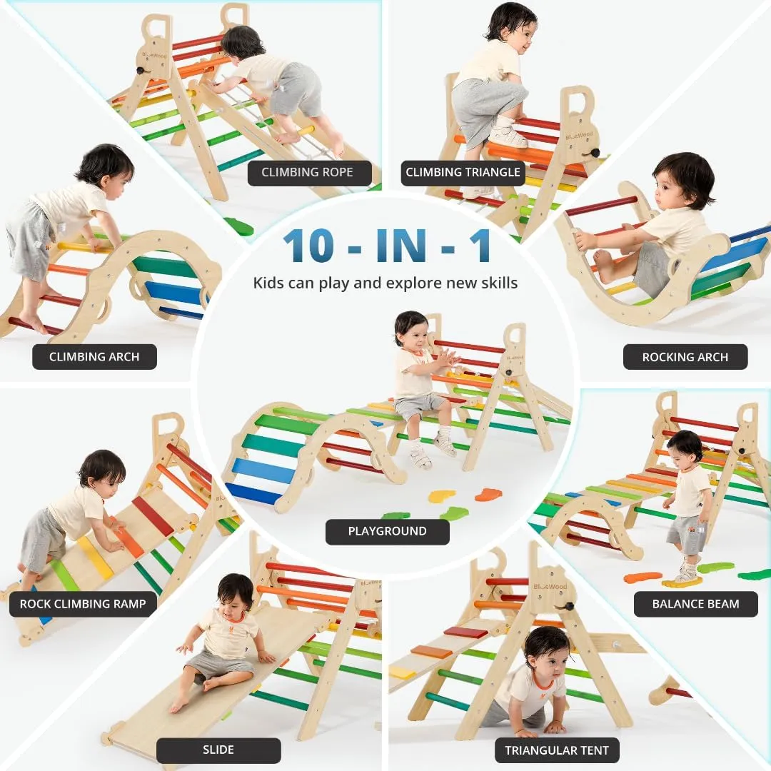BlueWood 10-in-1 Pikler Triangle Set, Toddler Climbing Toys Indoor, Montessori Climber, Baby Jungle Gyms with Arch, Extra Rope Ladder & Footprint Balance Beam - Neon Aurora