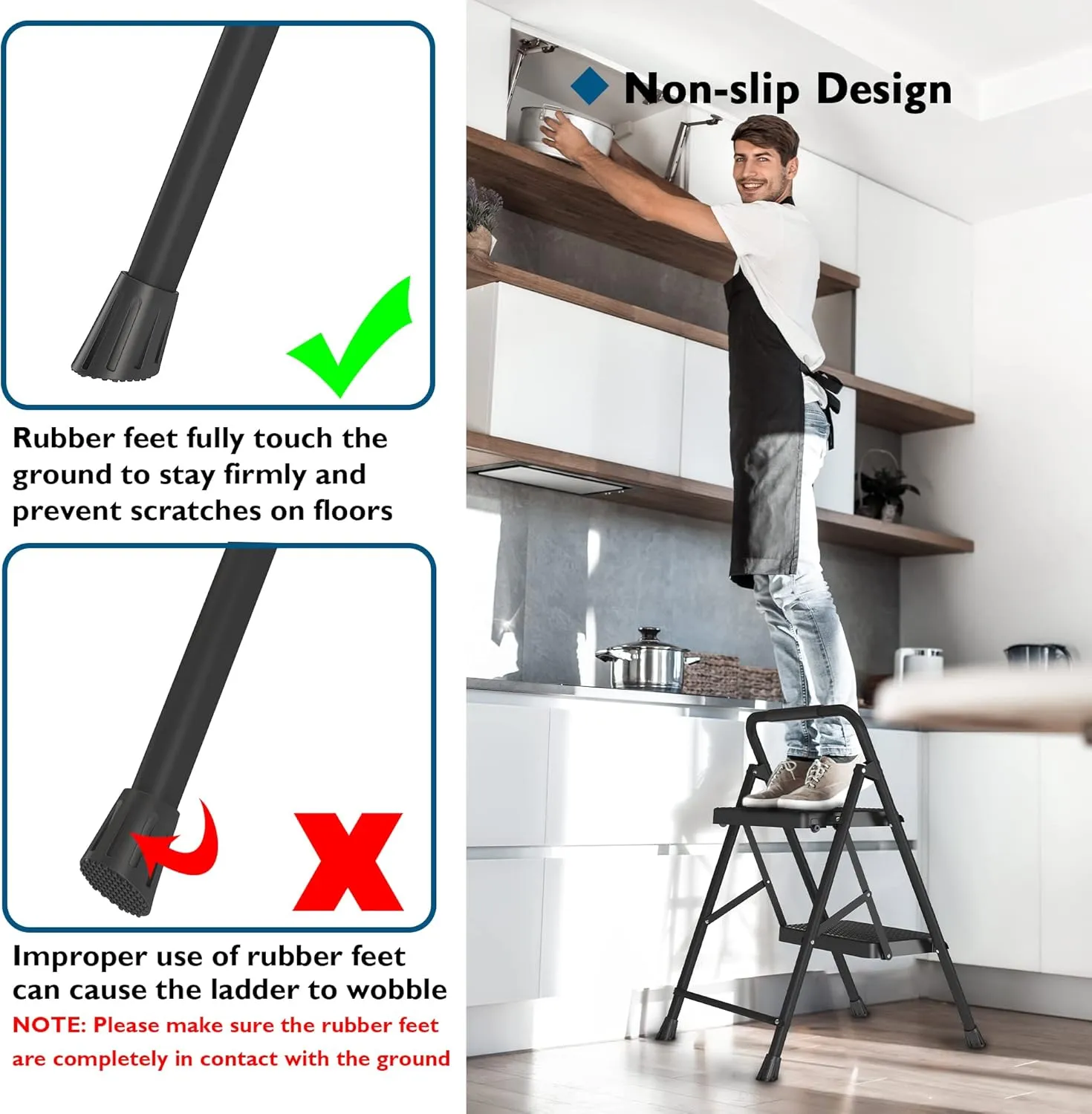BONTEC 2-Step Ladder, Folding Step Stool, 600lbs Max Load Capacity, Sturdy Steel, Non-Slip Pedals, Lightweight, Portable Steel Ladder with Convenient Handrail, Safety Design for Home & Work, Black