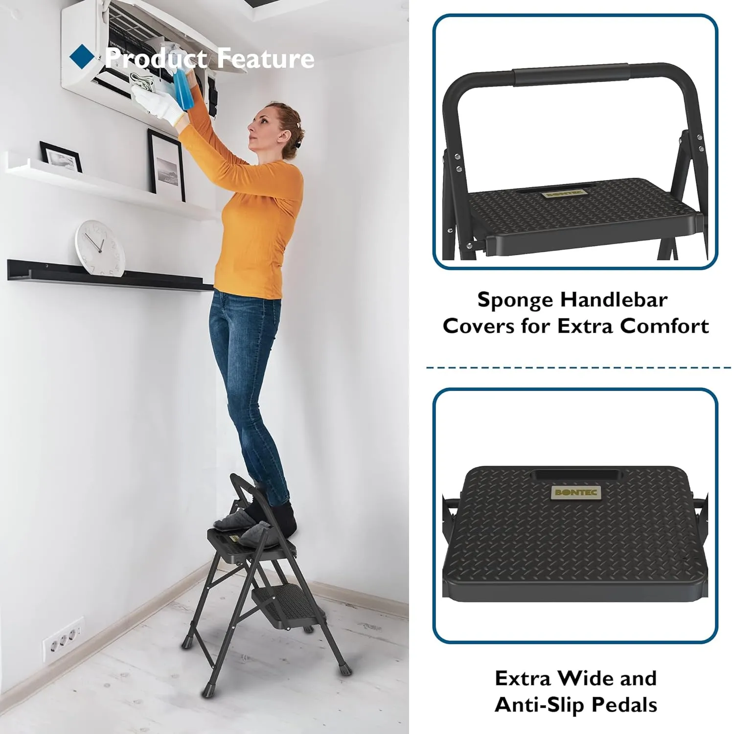 BONTEC 2-Step Ladder, Folding Step Stool, 600lbs Max Load Capacity, Sturdy Steel, Non-Slip Pedals, Lightweight, Portable Steel Ladder with Convenient Handrail, Safety Design for Home & Work, Black