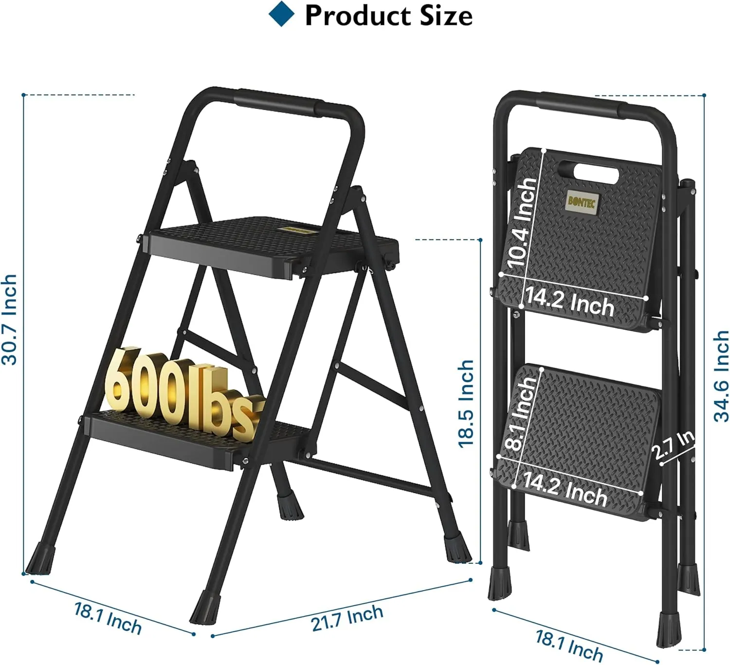 BONTEC 2-Step Ladder, Folding Step Stool, 600lbs Max Load Capacity, Sturdy Steel, Non-Slip Pedals, Lightweight, Portable Steel Ladder with Convenient Handrail, Safety Design for Home & Work, Black