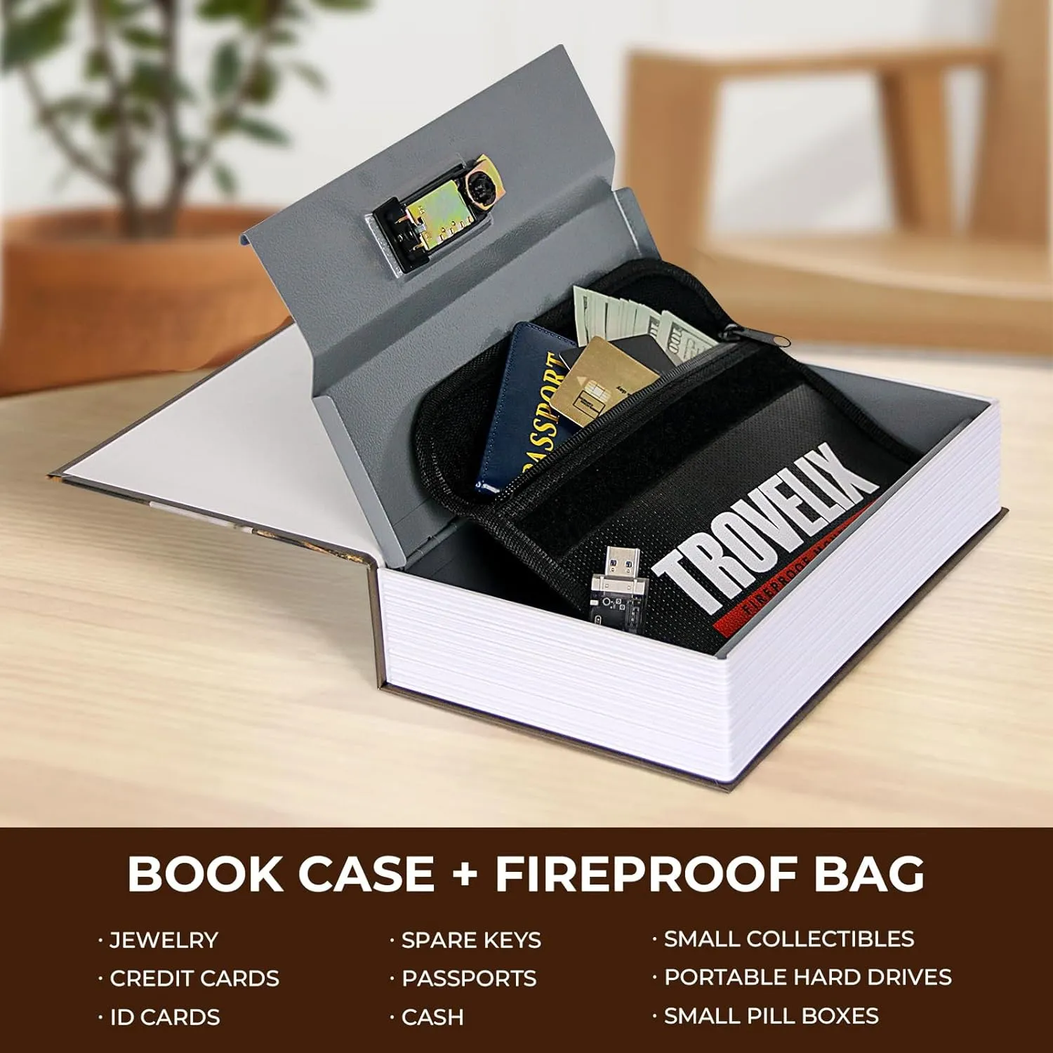 Book Safe with Combination Lock, Hidden Safe (9.5 x 6.2 x 2.2 Inch) with Fireproof Bag, Secret Diversion Safe, Hollow Book Box Hidden Storage, Money Safe Box for Cash (COFFEE)