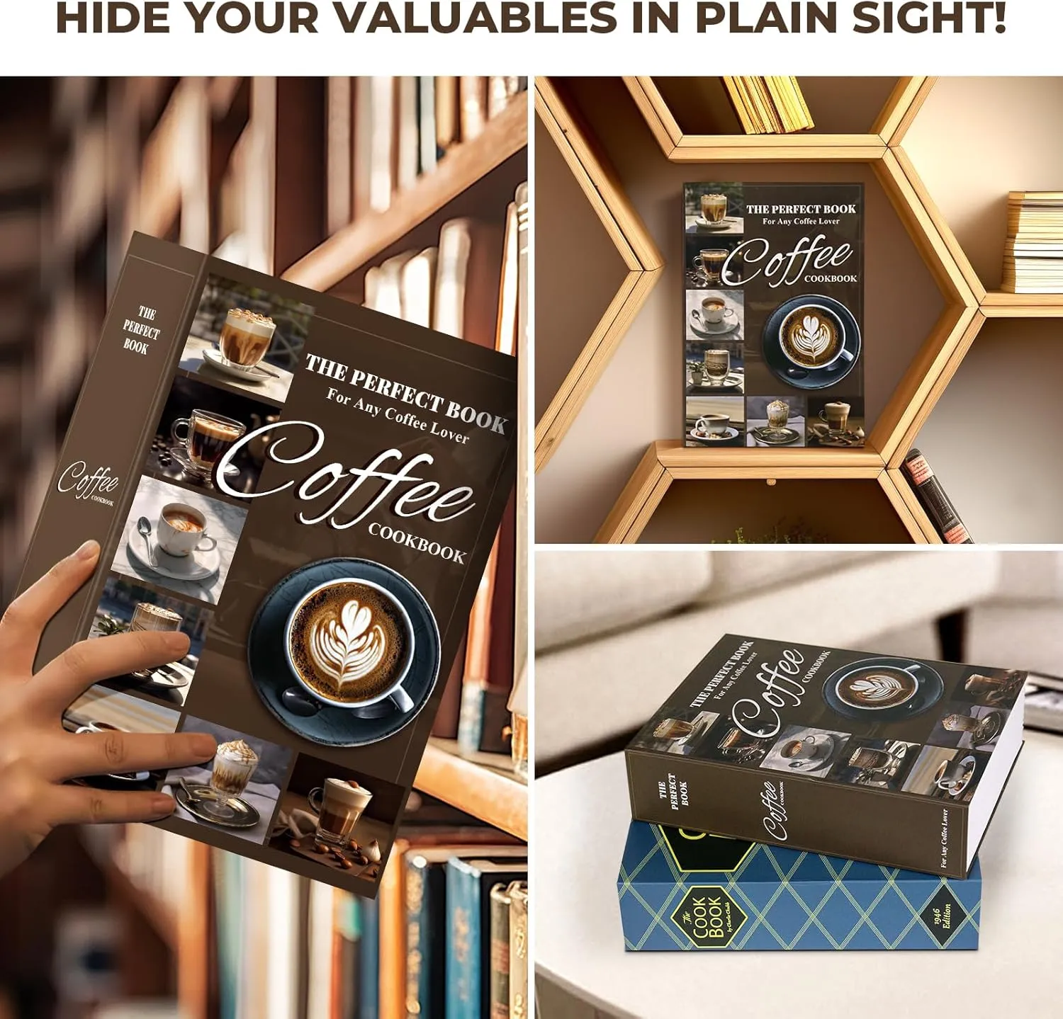 Book Safe with Combination Lock, Hidden Safe (9.5 x 6.2 x 2.2 Inch) with Fireproof Bag, Secret Diversion Safe, Hollow Book Box Hidden Storage, Money Safe Box for Cash (COFFEE)