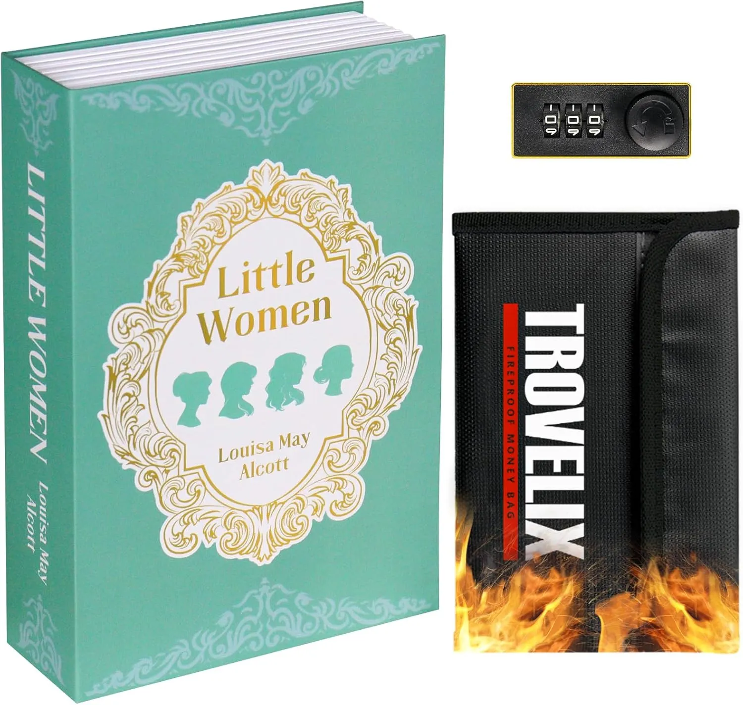 Book Safe with Combination Lock, Hidden Safe (9.5 x 6.2 x 2.2 Inch) with Fireproof Bag, Secret Diversion Safe, Hollow Book Box Hidden Storage, Money Safe Box for Cash (LITTLE WOMEN)