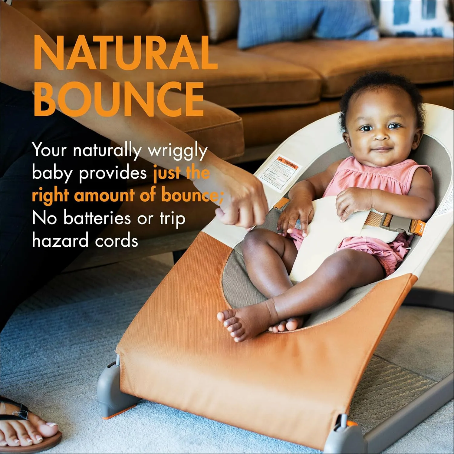 Boon Slant Portable Baby Bouncer - Folding Baby Seat for Infants - Lightweight Portable Baby Chair with Machine Washable Fabric and 3-Point Harness - Tan