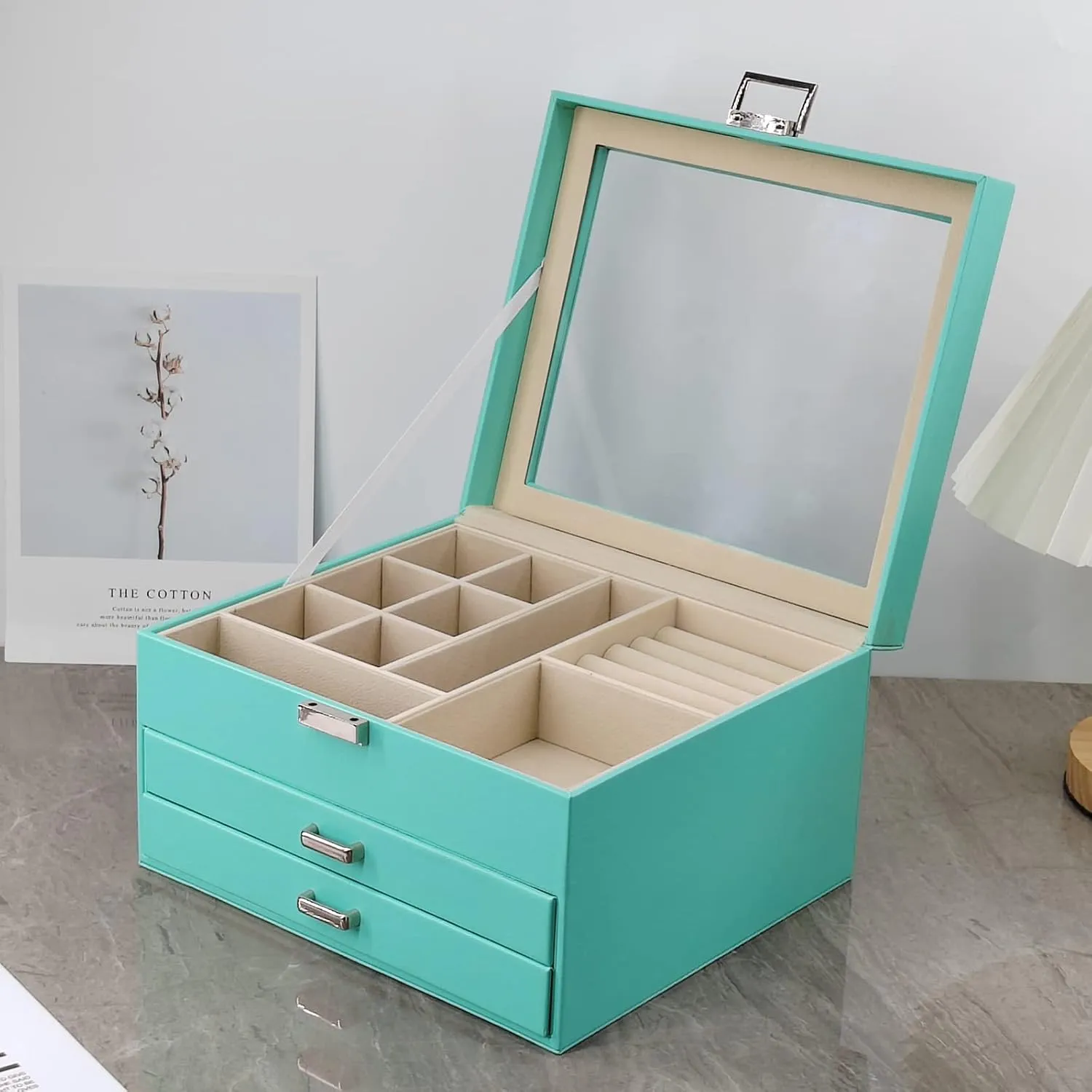 BOOVO Clear Lid Jewelry Box,3 Layers Jewelry Organizer Large Multi-Functional Jewelry Storage Box with 2 Drawers,Jewelry Display Case of Rings Earrings Necklace Bracelets for Women Girls (Turquoise)