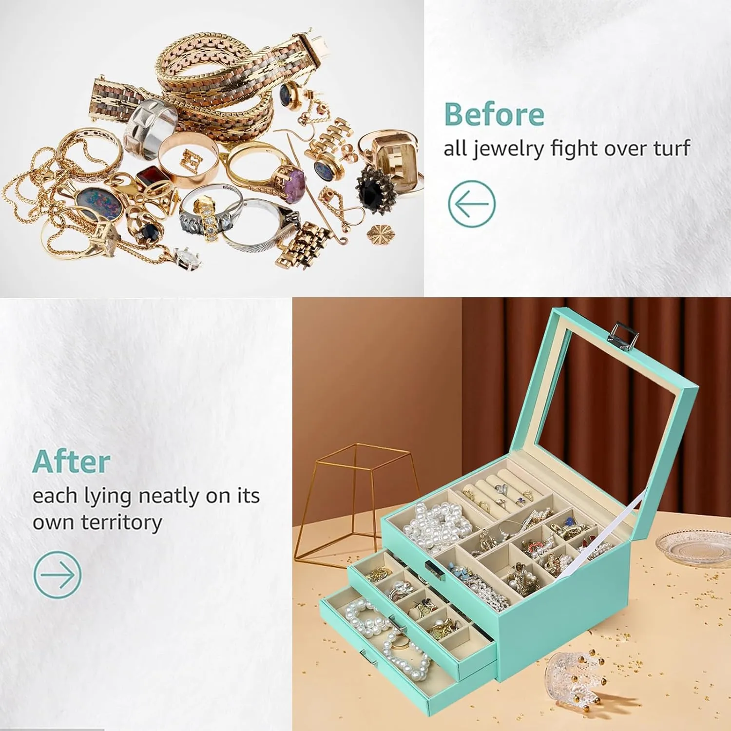 BOOVO Clear Lid Jewelry Box,3 Layers Jewelry Organizer Large Multi-Functional Jewelry Storage Box with 2 Drawers,Jewelry Display Case of Rings Earrings Necklace Bracelets for Women Girls (Turquoise)