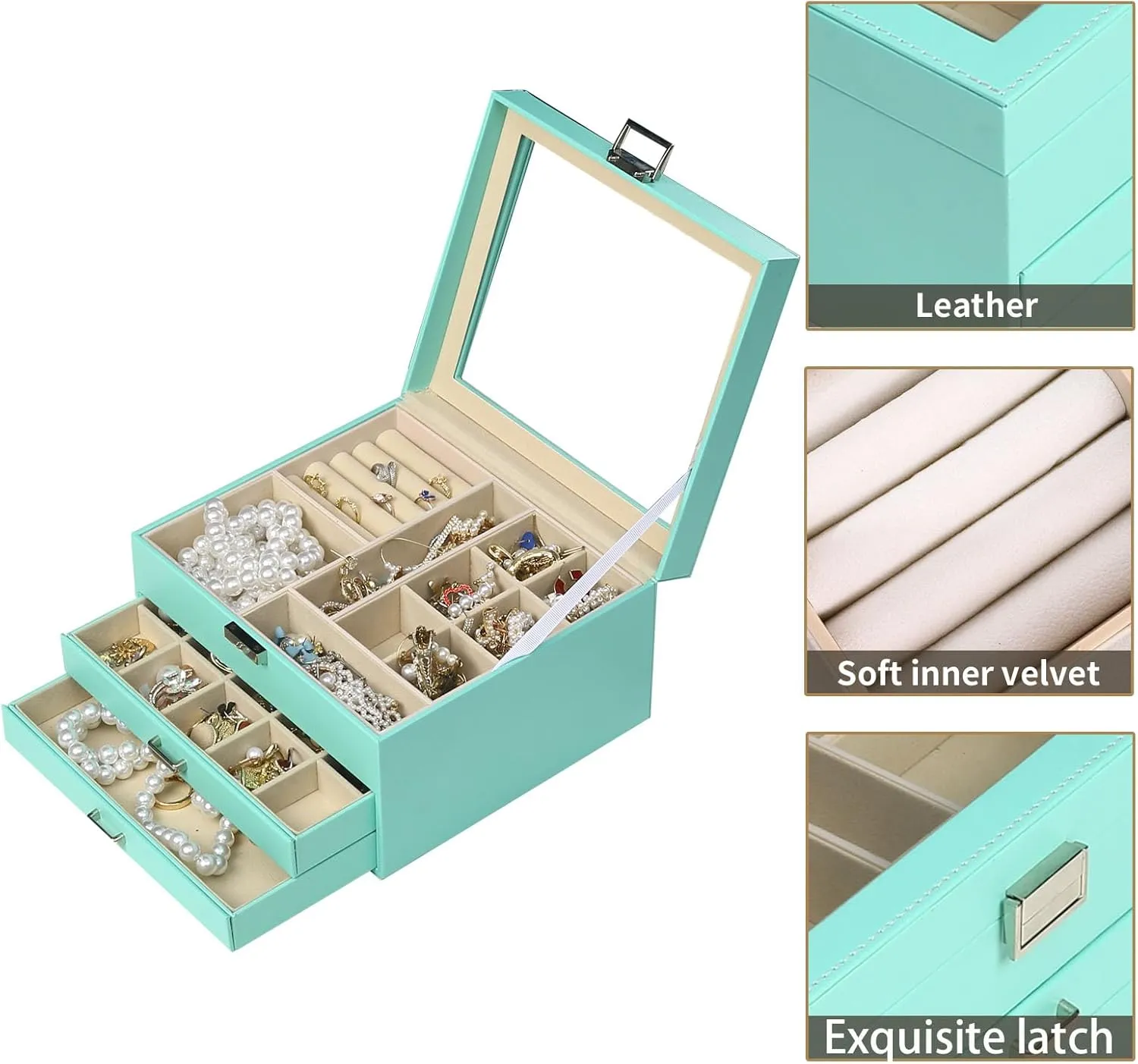 BOOVO Clear Lid Jewelry Box,3 Layers Jewelry Organizer Large Multi-Functional Jewelry Storage Box with 2 Drawers,Jewelry Display Case of Rings Earrings Necklace Bracelets for Women Girls (Turquoise)