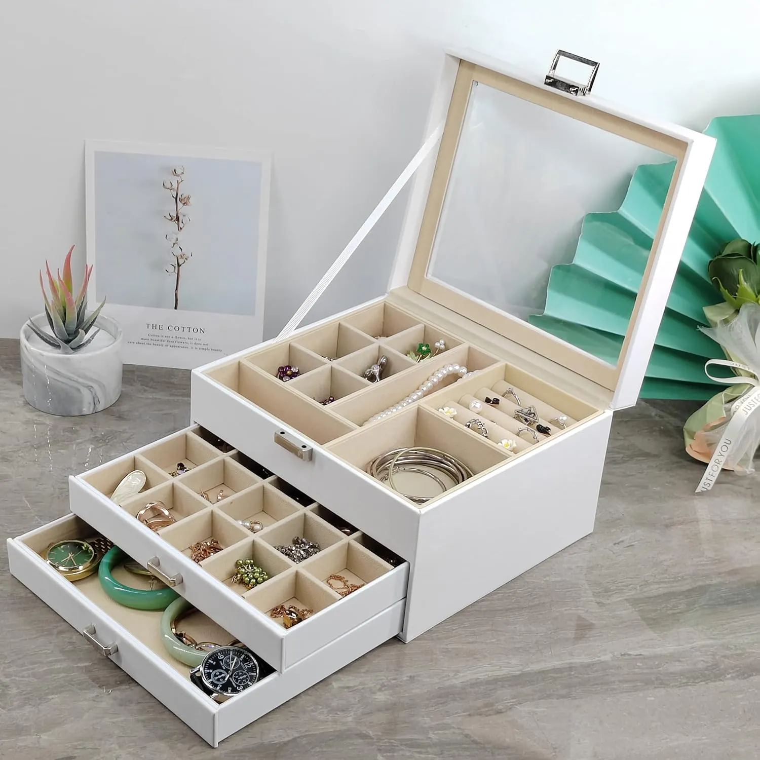 BOOVO Clear Lid Jewelry Box,3 Layers Jewelry Organizer Large Multi-Functional Jewelry Storage Box with 2 Drawers,Jewelry Display Case of Rings Earrings Necklace Bracelets for Women Girls (White)