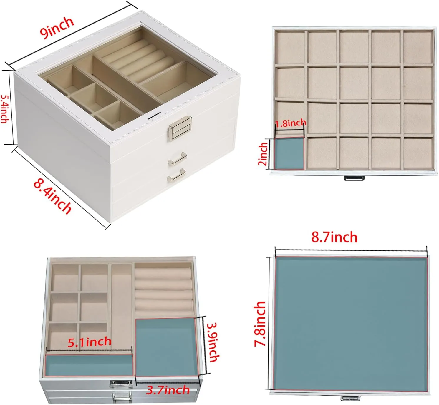BOOVO Clear Lid Jewelry Box,3 Layers Jewelry Organizer Large Multi-Functional Jewelry Storage Box with 2 Drawers,Jewelry Display Case of Rings Earrings Necklace Bracelets for Women Girls (White)