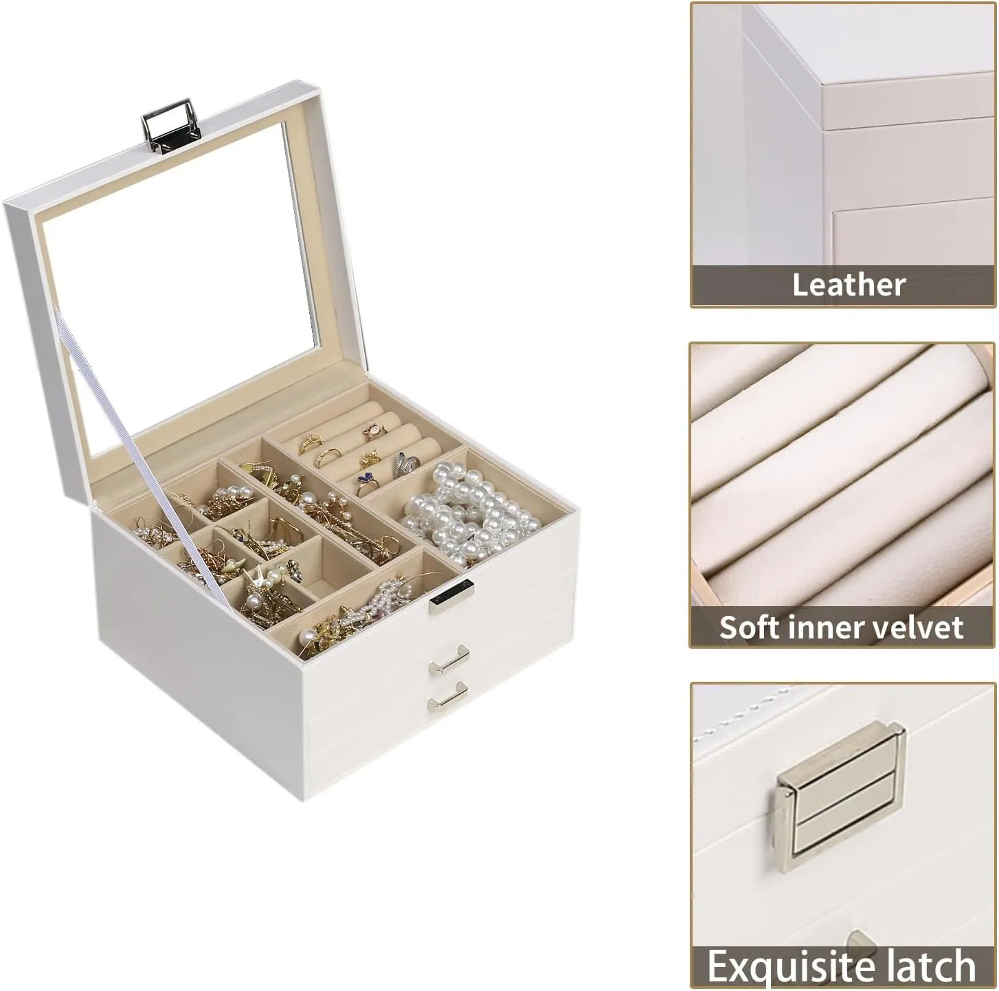 BOOVO Clear Lid Jewelry Box,3 Layers Jewelry Organizer Large Multi-Functional Jewelry Storage Box with 2 Drawers,Jewelry Display Case of Rings Earrings Necklace Bracelets for Women Girls (White)