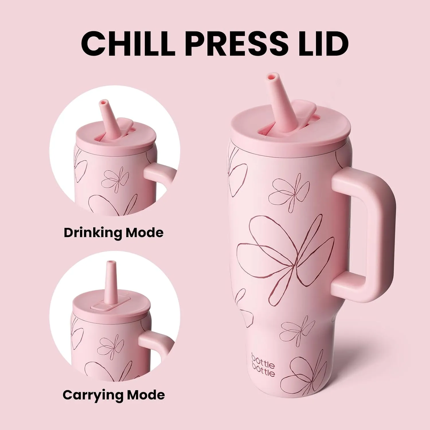 BOTTLE BOTTLE 30 oz Tumbler with Lid and Straw, Stainless Steel Travel Mug, Tumbler with handle, Water Bottle with straw for College, Gifts for Women Office Ice Coffee (Pink Flower)