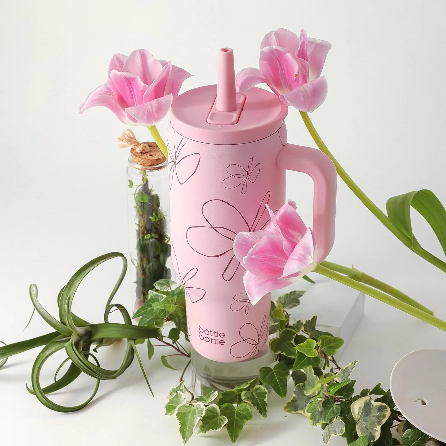 BOTTLE BOTTLE 30 oz Tumbler with Lid and Straw, Stainless Steel Travel Mug, Tumbler with handle, Water Bottle with straw for College, Gifts for Women Office Ice Coffee (Pink Flower)