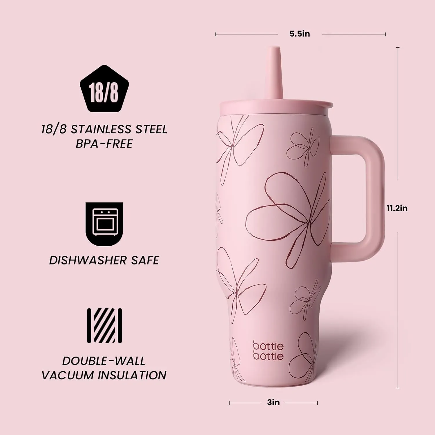 BOTTLE BOTTLE 30 oz Tumbler with Lid and Straw, Stainless Steel Travel Mug, Tumbler with handle, Water Bottle with straw for College, Gifts for Women Office Ice Coffee (Pink Flower)