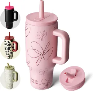 BOTTLE BOTTLE 30 oz Tumbler with Lid and Straw, Stainless Steel Travel Mug, Tumbler with handle, Water Bottle with straw for College, Gifts for Women Office Ice Coffee (Pink Flower)