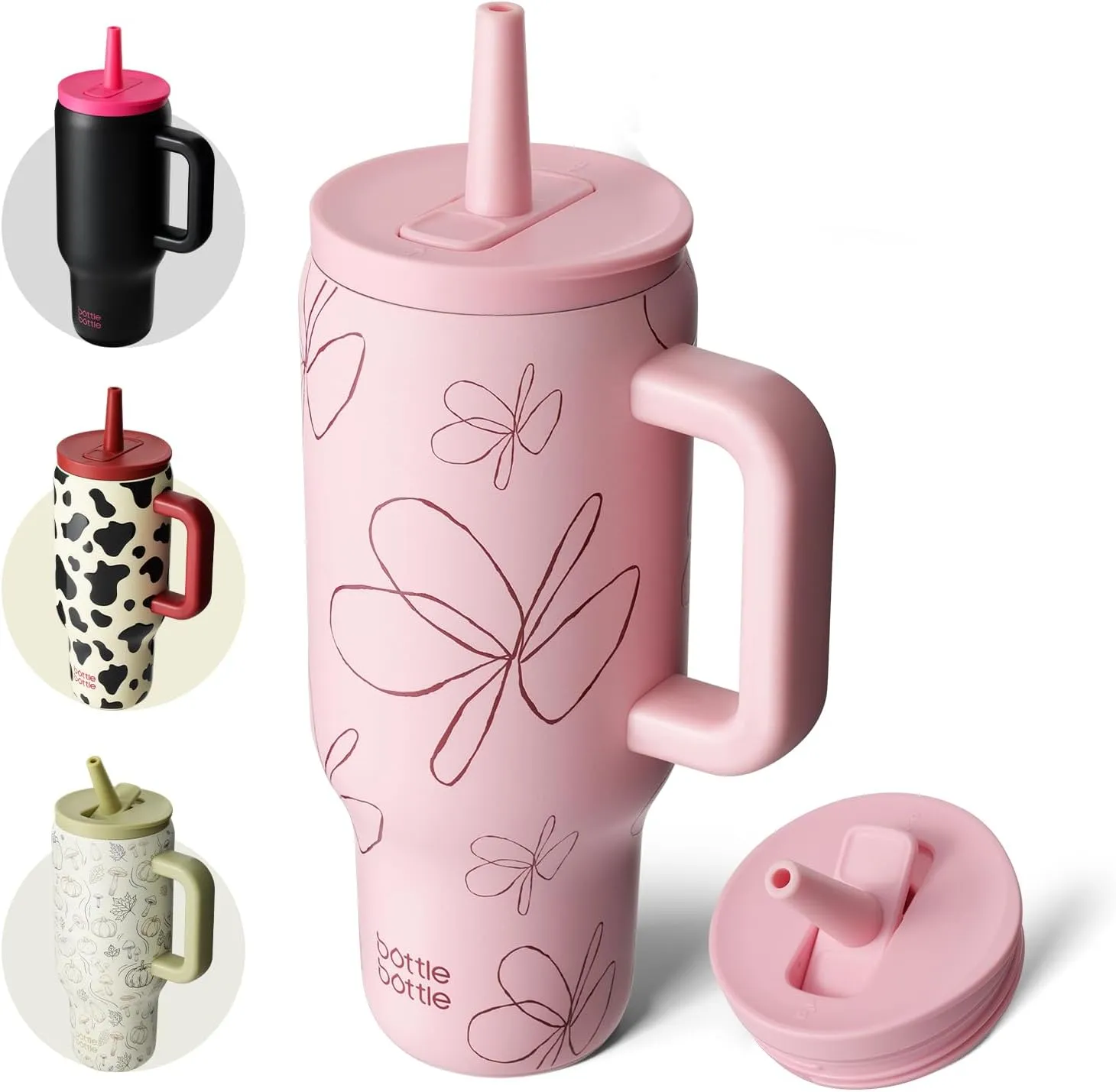 BOTTLE BOTTLE 30 oz Tumbler with Lid and Straw, Stainless Steel Travel Mug, Tumbler with handle, Water Bottle with straw for College, Gifts for Women Office Ice Coffee (Pink Flower)