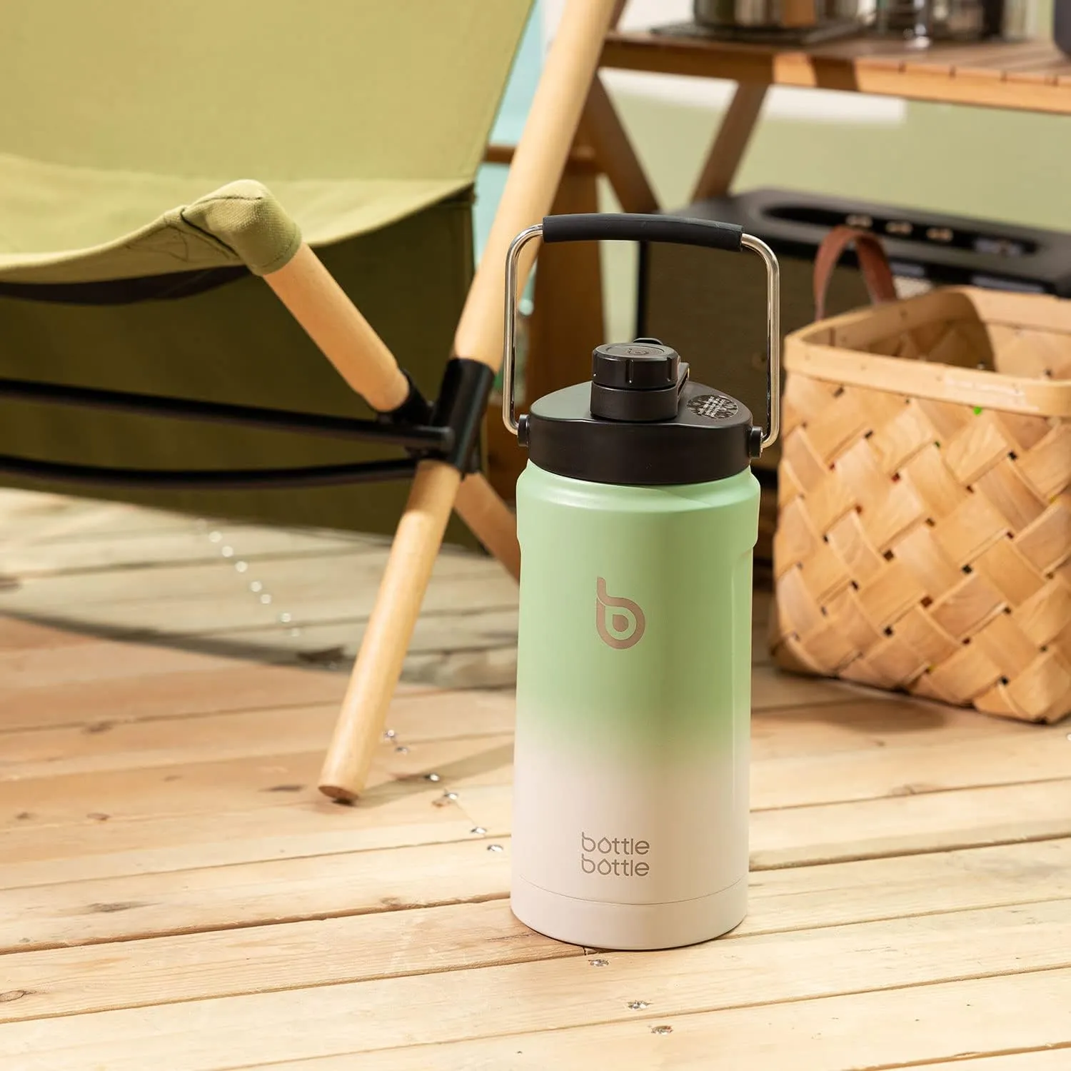 BOTTLE BOTTLE Insulated Water Bottle 64 oz with Straw and Dual-use Lid Half Gallon Water Jug Vacuum Stainless Steel for Workout and Sports Insulated Beer Growler with Handle Green Gray