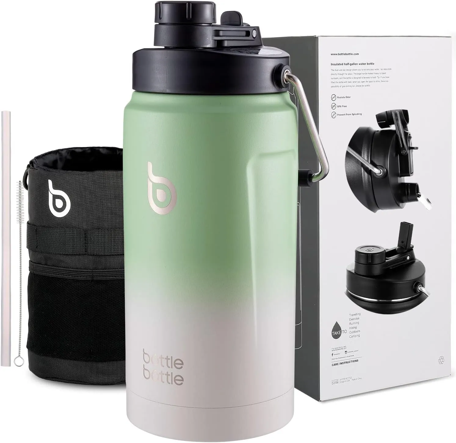 BOTTLE BOTTLE Insulated Water Bottle 64 oz with Straw and Dual-use Lid Half Gallon Water Jug Vacuum Stainless Steel for Workout and Sports Insulated Beer Growler with Handle Green Gray