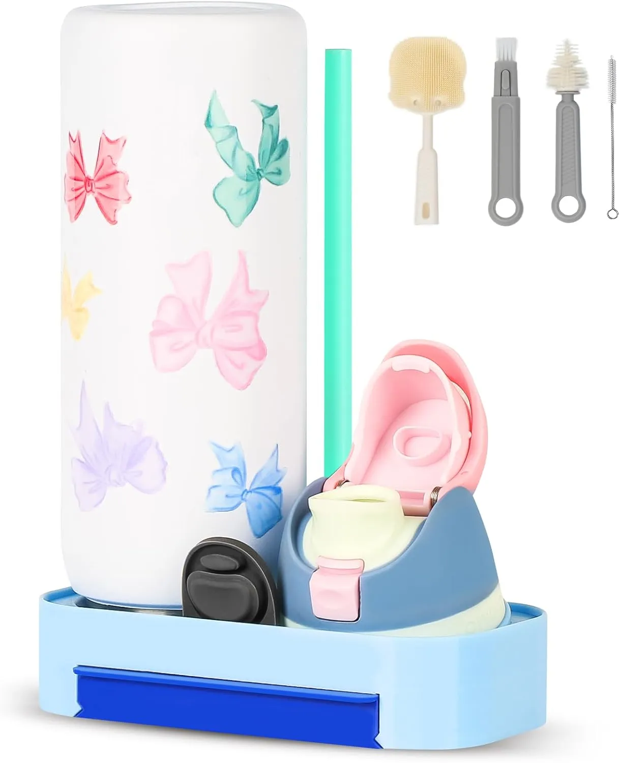 Bottle Drying Rack for Owala Freeship 24/32/40oz, Portable Space Saving Stand with Drain Tray & 4 Cleaning Brushes – Water Bottle & Cup Organizer for Lids, Straws, Stoppers (Blue)